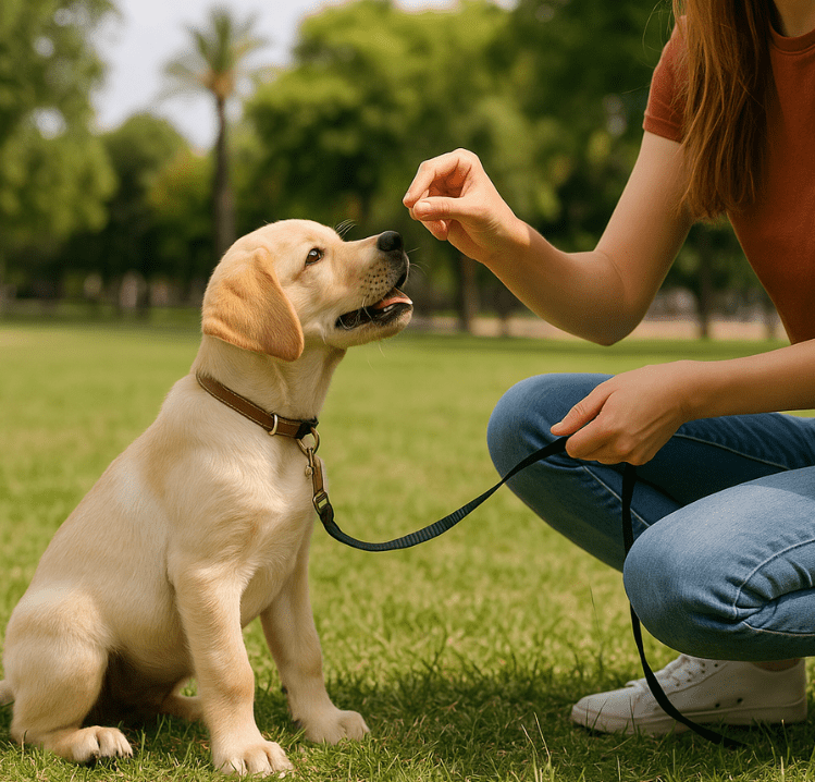 Cachorro aprendiendo con su guía en un parque