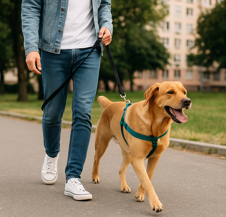 Persona paseando a su perro en Valencia mientras aprende a caminar sin tirar de la correa