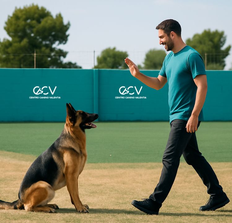 Guía entrenando a su perro en el exterior del centro CCV, mostrando cómo el perro generaliza la conducta y mantiene la atención en un entorno real.
