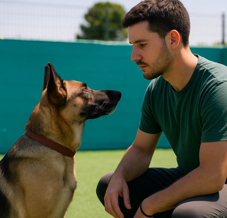 refuerzo positivo vs refuerzo negativo Compenetración entre un perro y su entrenador mientras piensas en la diferencia entre el refuerzo positivo y negativo