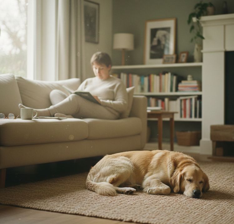 Perro descansando tranquilo en casa junto a su cuidador sin interacción constante