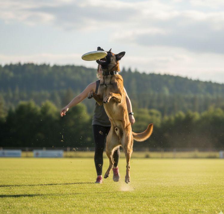Pastor belga Malinois atrapando un disco