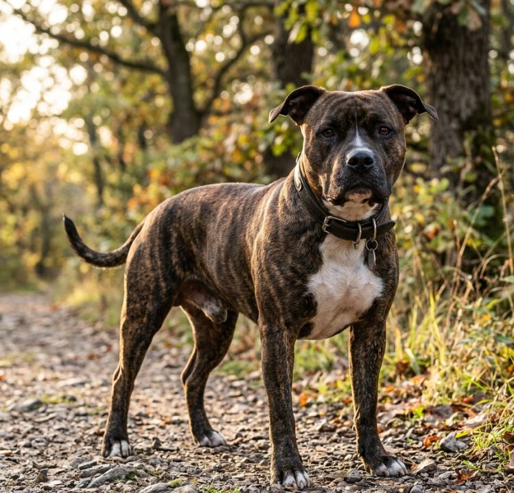 Un American Staffordshire Terrier atigrado de color marrón y blanco con un collar de cuero negro se encuentra de pie sobre un camino de grava en un bosque de otoño, mirando directamente a la cámara.