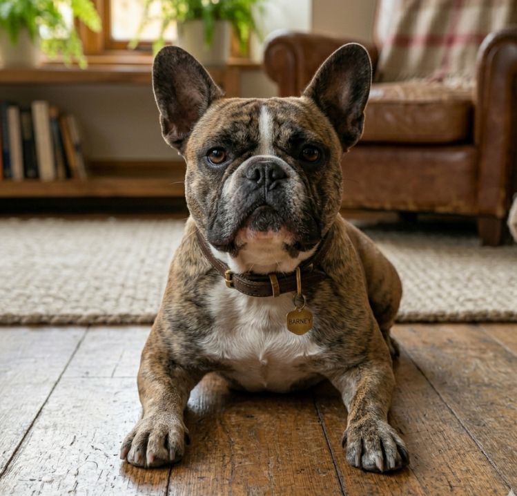 Una fotografía de primer plano de Barney, un Bulldog Francés atigrado y blanco, tumbado en el suelo de madera de un salón rústico
