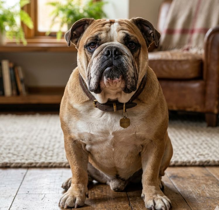 Una impresionante fotografía hiperrealista de un perro Bulldog Inglés sentado en el suelo de madera de un salón acogedor
