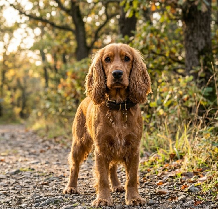 Un Cocker Spaniel Inglés de color dorado, con un collar de cuero, de pie en un camino de grava en un bosque de otoño con luz solar dorada.