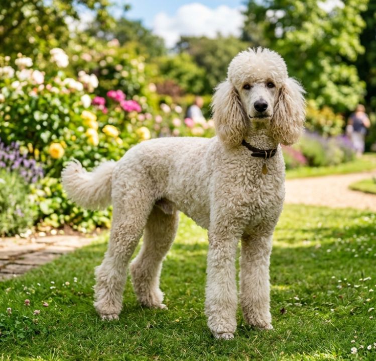 Foto de un Caniche generada por Ia hiperrealista en un jardín