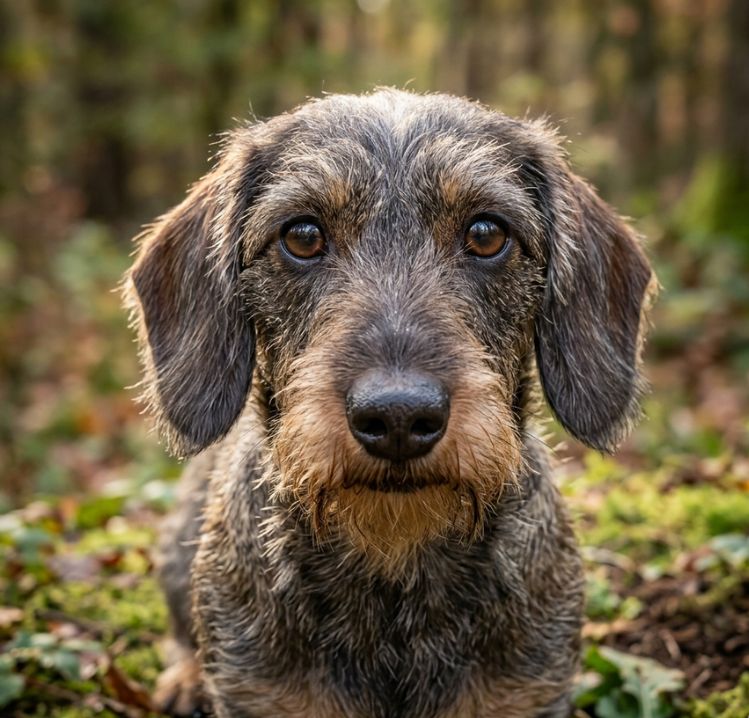 Primer plano de un teckel de pelo duro en un bosque, educado por el Centro Canino Valentia