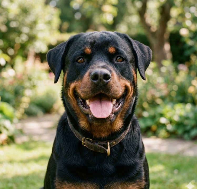 Primer plano de un Rottweiler simpático y amistoso, generado por IA