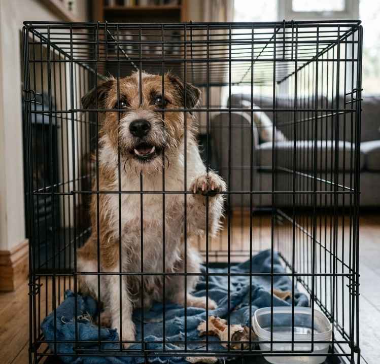 Un perro con en una jaula para trabajarle la ansiedad por separación