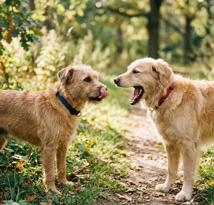 Dos perros lanzados señales de Calma, un lamiendo la nariz y el otro bostezando