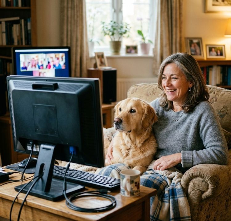 Mujer mirando una pantalla junto a su perro en una clase de educación canina online